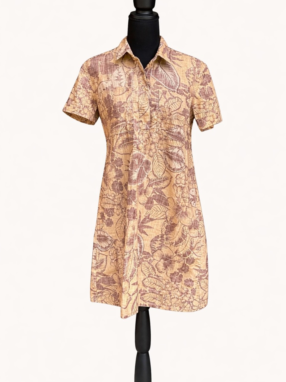 James Perse Slub Cotton Tropical Print Shirt Dress Beige Brown Size 1 Small
